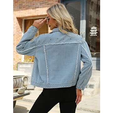 Omoone Women's Long Sleeve Rivet Studded Denim Jacket Casual Washed Pearl Short Jean Coat(2140-Blue-XXL)