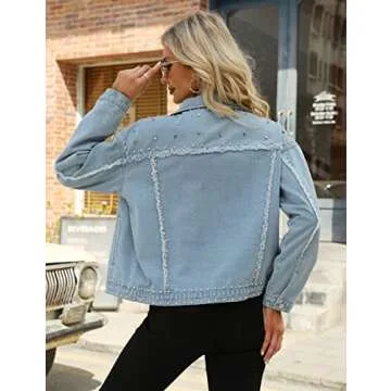 Omoone Women's Long Sleeve Rivet Studded Denim Jacket Casual Washed Pearl Short Jean Coat(2140-Blue-XXL)