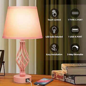 Wiomonrew Touch Table Bedside Lamps Set of 2, Nightstand Bedside Nightstand Lamps with USB Type-C Ports, Girls Desk Lamp for Living Room Bedroom Side Table (Pink)