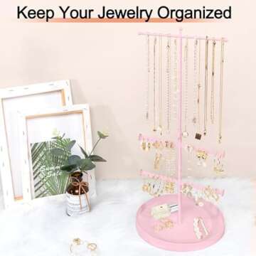 Jenseits Jewelry Holder Organizer Stand, 3 Tier Necklace Organizer Earring Holder Tree, Adjustable Height Jewelry Display Towers, Long Necklaces Bracelets Jewelry Storage Rack Gift For Women, Girls