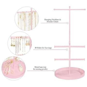 Jenseits Jewelry Holder Organizer Stand, 3 Tier Necklace Organizer Earring Holder Tree, Adjustable Height Jewelry Display Towers, Long Necklaces Bracelets Jewelry Storage Rack Gift For Women, Girls