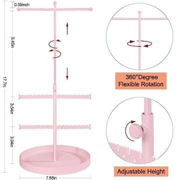 Jenseits Jewelry Holder Organizer Stand, 3 Tier Necklace Organizer Earring Holder Tree, Adjustable Height Jewelry Display Towers, Long Necklaces Bracelets Jewelry Storage Rack Gift For Women, Girls