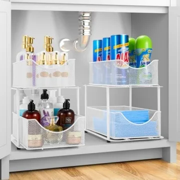 Sorbus 2 Tier Metal Under Sink Organizer for Bathroom, Kitchen, Strong Steel Mesh Sliding Drawers for Under Sink, Under Cabinet, Closet, Kitchen, Pantry, Bathroom Organizers and Storage (White)