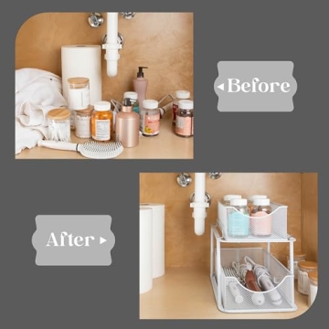 Sorbus 2 Tier Metal Under Sink Organizer for Bathroom, Kitchen, Strong Steel Mesh Sliding Drawers for Under Sink, Under Cabinet, Closet, Kitchen, Pantry, Bathroom Organizers and Storage (White)