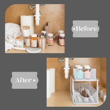 Sorbus 2 Tier Metal Under Sink Organizer for Bathroom, Kitchen, Strong Steel Mesh Sliding Drawers for Under Sink, Under Cabinet, Closet, Kitchen, Pantry, Bathroom Organizers and Storage (White)