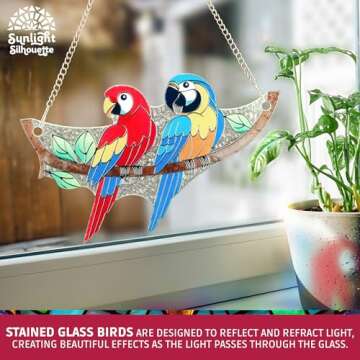 Stained Glass Birds 6.4" x 4" – Macaw Bird Stained Glass Suncatcher on Branch for Indoor Window, B...