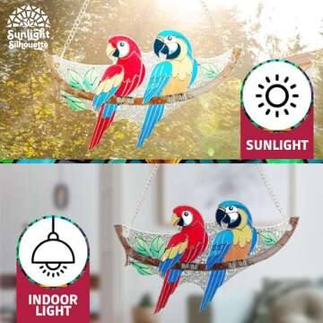 Stained Glass Birds 6.4" x 4" – Macaw Bird Stained Glass Suncatcher on Branch for Indoor Window, Bird Suncatchers for Windows, Stained Glass Birds Hanging Decoration, Ideal Gift for Bird Lover