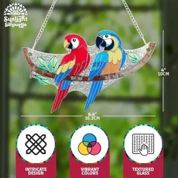 Stained Glass Birds 6.4" x 4" – Macaw Bird Stained Glass Suncatcher on Branch for Indoor Window, Bird Suncatchers for Windows, Stained Glass Birds Hanging Decoration, Ideal Gift for Bird Lover