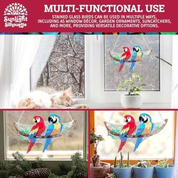 Stained Glass Birds 6.4" x 4" – Macaw Bird Stained Glass Suncatcher on Branch for Indoor Window, Bird Suncatchers for Windows, Stained Glass Birds Hanging Decoration, Ideal Gift for Bird Lover