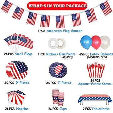 242Pcs 4th of July Party Supplies, Includes Tablecloth, Plates, Napkins, Cups, Flatware and Small Am...