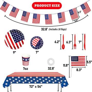 242Pcs 4th of July Party Supplies, Includes Tablecloth, Plates, Napkins, Cups, Flatware and Small American Flag, Banner,Balloons, Decorations for July Fourth Patriotic Party Veterans Memorial Day