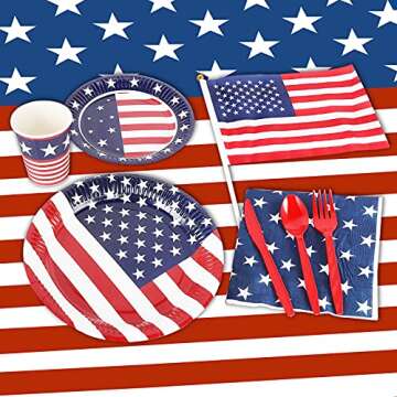 242Pcs 4th of July Party Supplies, Includes Tablecloth, Plates, Napkins, Cups, Flatware and Small American Flag, Banner,Balloons, Decorations for July Fourth Patriotic Party Veterans Memorial Day