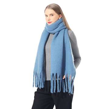 SUNDSGT Big Scarf Coloured Checked Oversized Scarf Tassel Soft Fall Winter Thick Scarf Warm Shawl Women (Light Blue)
