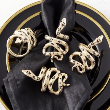 Z Gallerie Set of 4 Gold/Rhinestone Snake Viper Napkin Rings - Glam Tabletop Dining Table Home Decor...