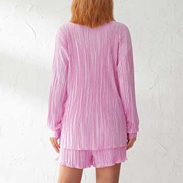 NUFIWI Women 2 Piece Pleated Pants Set Long Sleeve Button Down Shirt Blouse Top Wide Leg Pants Outfits Y2K Fashion Streetwear(Solid Pleated Pink,Medium)