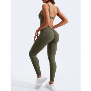 YEOREO Sleeveless Jumpsuits for Women Sexy Backless Gym Bodycon Lizvette V Back Scrunch Butt Rompers Olive Green M