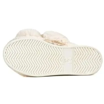 HALLUCI Women's Cross Band Soft Plush Fleece House Indoor or Outdoor Slippers (X-Large, Beige)