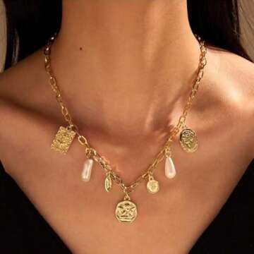 Gold Charm Necklace for Women White Pearl Choker Necklace Head Portrait Square Pendant Necklace Boho Charm Necklace Beach Necklace Jewelry for Women (Gold)