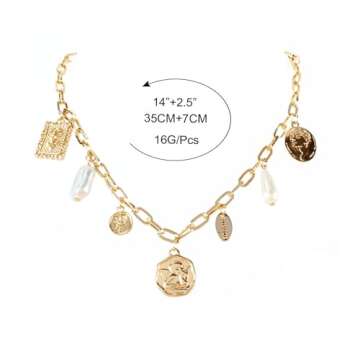 Gold Charm Necklace for Women White Pearl Choker Necklace Head Portrait Square Pendant Necklace Boho Charm Necklace Beach Necklace Jewelry for Women (Gold)