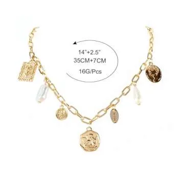 Gold Charm Necklace for Women White Pearl Choker Necklace Head Portrait Square Pendant Necklace Boho Charm Necklace Beach Necklace Jewelry for Women (Gold)