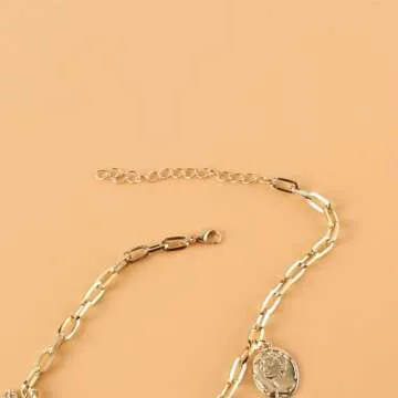 Gold Charm Necklace for Women White Pearl Choker Necklace Head Portrait Square Pendant Necklace Boho Charm Necklace Beach Necklace Jewelry for Women (Gold)