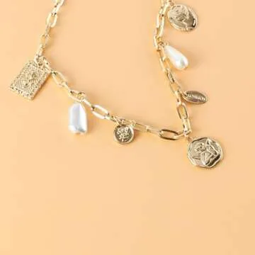 Gold Charm Necklace for Women White Pearl Choker Necklace Head Portrait Square Pendant Necklace Boho Charm Necklace Beach Necklace Jewelry for Women (Gold)