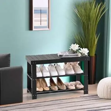 Apicizon Bamboo Shoe Rack for Entryway, 3-Tier Shoe Rack Bench for Front Door Entrance, Small Shoe Organizer with Storage, Black