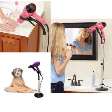HLGOLDLUO Hair Dryer Stand, 360 Degree Rotating Lazy Hair Dryer Stand Hand Free With Heavy Base, Hands-Free Blow Dryer Holder Countertop, Adjustable Height Hair Dryer Holder