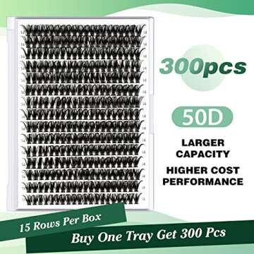Lash Clusters 300pcs Individual Lashes 50D 0.07D Curl 14mm DIY Eyelash Extension KEYYOU Large Tray V...