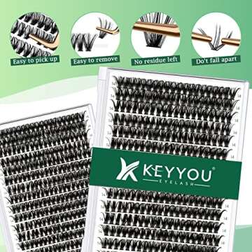 Lash Clusters 300pcs Individual Lashes 50D 0.07D Curl 14mm DIY Eyelash Extension KEYYOU Large Tray Volume Soft&Natural Cluster Lashes(50D-0.07D,14）