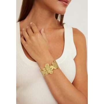 WOWORAMA Gold Flower Bracelet for Women Wide Floral Chunky Cuff Bracelets Vintage Boho Daisy Flower Bracelet Matte Gold Statement Bangle Bracelet