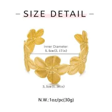 WOWORAMA Gold Flower Bracelet for Women Wide Floral Chunky Cuff Bracelets Vintage Boho Daisy Flower Bracelet Matte Gold Statement Bangle Bracelet