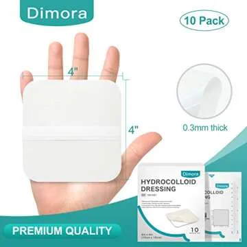 Dimora Hydrocolloid Wound Dressing, 10 Pack Ultra Thin 4" x 4" Large Patch Bandages with Self-Adhesi...