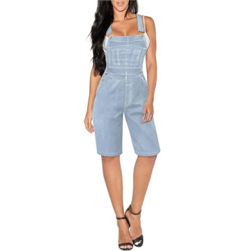 Hybrid & Company Women's Leisure Adjustable Straps Stretch Bermuda Denim Jumpsuits
