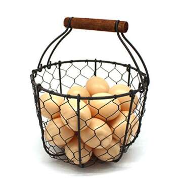 CVHOMEDECO. Round Chicken Wire Egg Basket Fruit Basket with Wooden Handle Primitives Vintage Gathering Basket. Rusty
