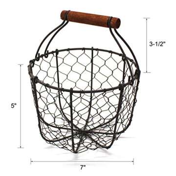 CVHOMEDECO. Round Chicken Wire Egg Basket Fruit Basket with Wooden Handle Primitives Vintage Gathering Basket. Rusty