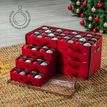 ZOBER Christmas Ornament Storage Box - Drawer Style Trays, Stores 128 Ornaments - Non-Woven Fabric Containers - 3 Inch Cube Compartments - Red