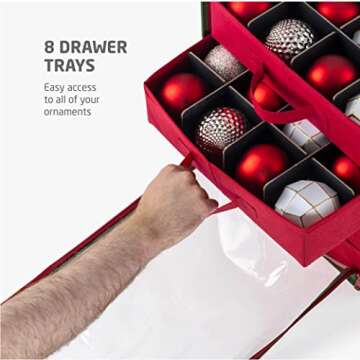 ZOBER Christmas Ornament Storage Box - Drawer Style Trays, Stores 128 Ornaments - Non-Woven Fabric Containers - 3 Inch Cube Compartments - Red