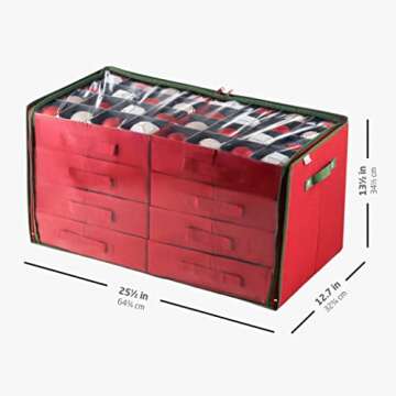 ZOBER Christmas Ornament Storage Box - Drawer Style Trays, Stores 128 Ornaments - Non-Woven Fabric Containers - 3 Inch Cube Compartments - Red