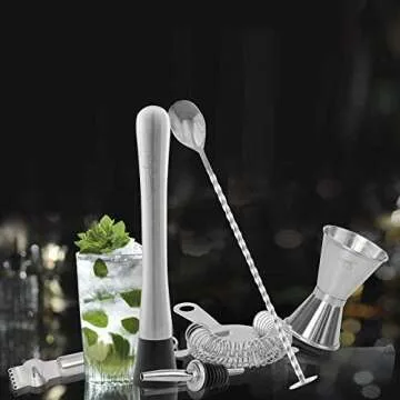 Bar Tool Essentials Deluxe - Bar Set with 6 Crafted Stainless Steel Bar Tools for Your Bar Cart by Trendy Bartender - Muddler, Cocktail Spoon, Jigger, Pourer, Zester & Strainer - Mix With Style
