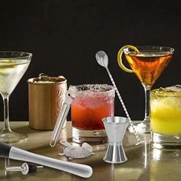 Bar Tool Essentials Deluxe - Bar Set with 6 Crafted Stainless Steel Bar Tools for Your Bar Cart by Trendy Bartender - Muddler, Cocktail Spoon, Jigger, Pourer, Zester & Strainer - Mix With Style