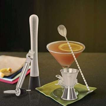 Bar Tool Essentials Deluxe - Bar Set with 6 Crafted Stainless Steel Bar Tools for Your Bar Cart by Trendy Bartender - Muddler, Cocktail Spoon, Jigger, Pourer, Zester & Strainer - Mix With Style