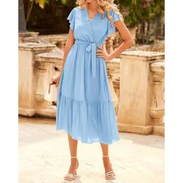 BTFBM Women Summer Bohemian Floral Casual Wrap V Neck Ruffle Cap Sleeveless Belt A-Line Pleated Hem ...