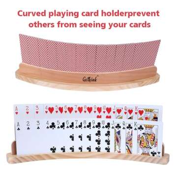 GOTHINK Set of 4 - Cruved Playing Card Holder for Kids Adult Seniors 2 Slot Solid Wood Cards Holders for Playing Cards 14 x 1.6 x 1.8 Inch Non Slip Card Deck for Bridge Canasta Strategy Card Games