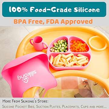 Silicone Baby Feeding Set | Suction Plate for Toddlers + Pocket Bib + Bendable Spoon | BPA Free | Dishwasher, Microwave and Oven Safe (Pink)