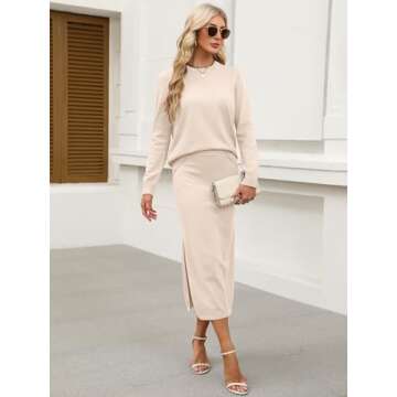 ANRABESS Women 2 Piece Outfits Striped Sweater Skirt Sets 2025 Fall Casual Long Sleeve Pullover Top Lounge Travel Midi Dress Beige Medium