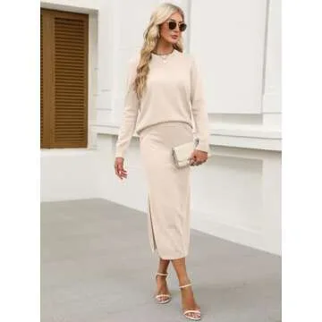 ANRABESS Women 2 Piece Outfits Striped Sweater Skirt Sets 2025 Fall Casual Long Sleeve Pullover Top Lounge Travel Midi Dress Beige Medium