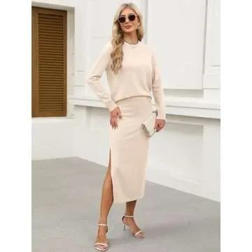 ANRABESS Women 2 Piece Outfits Striped Sweater Skirt Sets 2025 Fall Casual Long Sleeve Pullover Top Lounge Travel Midi Dress Beige Medium