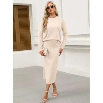ANRABESS Women 2 Piece Outfits Striped Sweater Skirt Sets 2025 Fall Casual Long Sleeve Pullover Top Lounge Travel Midi Dress Beige Medium