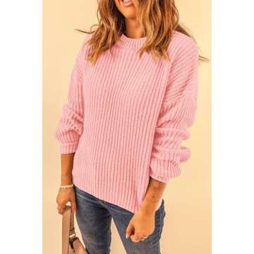 PRETTYGARDEN Women's Fashion Sweater Long Sleeve Casual Ribbed Knit Winter Clothes Pullover Sweaters Blouse Top (Pink,Small)